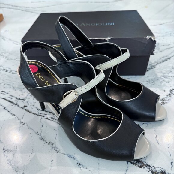 Enzo Angiolini Eamenz Black & White Leather Open Toe 4" Heels Size 11 - Picture 2 of 5